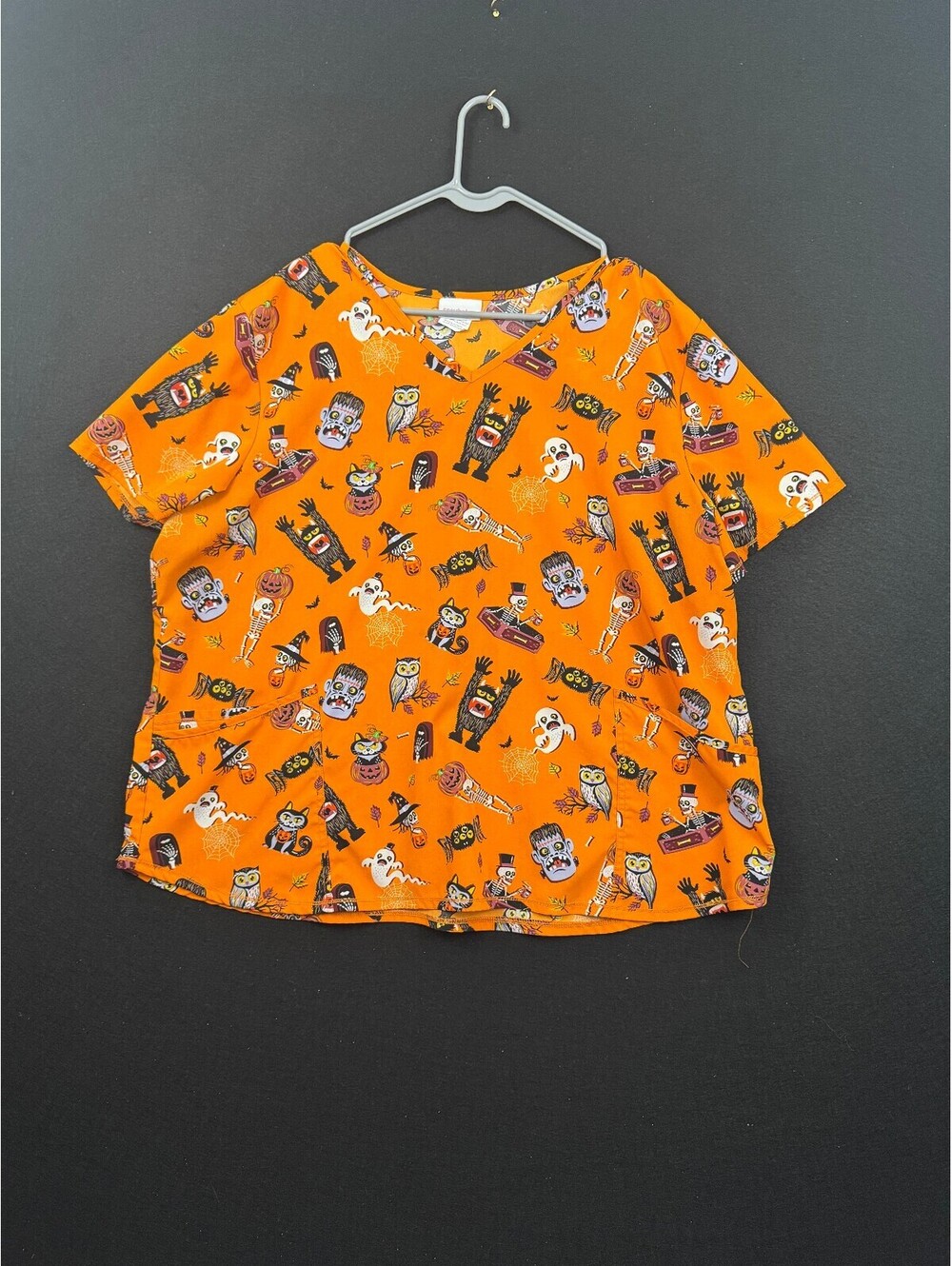 Halloween Themed Orange Scrub Top with Fun Spooky Print 3 XXX-Large